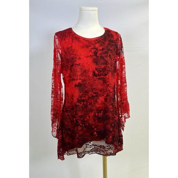 Elegant Vintage Brittany Black Red Lace Women's Top Size M Wimsigoth Romantic - Picture 1 of 13